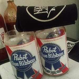 Two pabst collectable cups + beer cozy